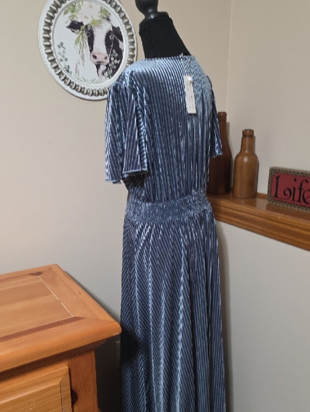 Simplee Apparel Blue Pleated Velvet V-Neck Maxi Dress - Picture 4 of 9